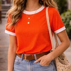 Vintage Sportswear Orange Ringer Tee Mesh Knit Short Sleeve S Shirt White Trim